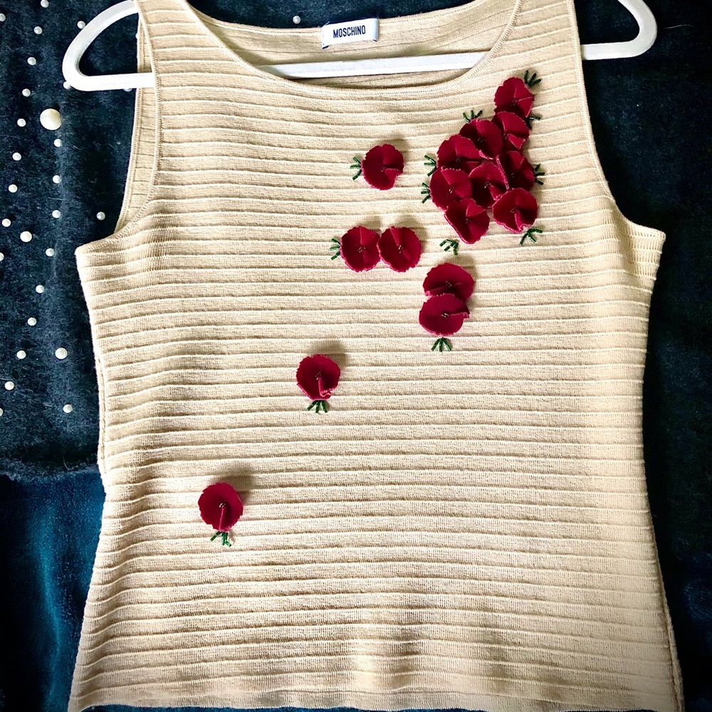 Vintage ⭐️🐻 MOSCHINO 🐻⭐️ Virgin Wool Velvet 3D Flower Tank Top Shirt ITALY❣️